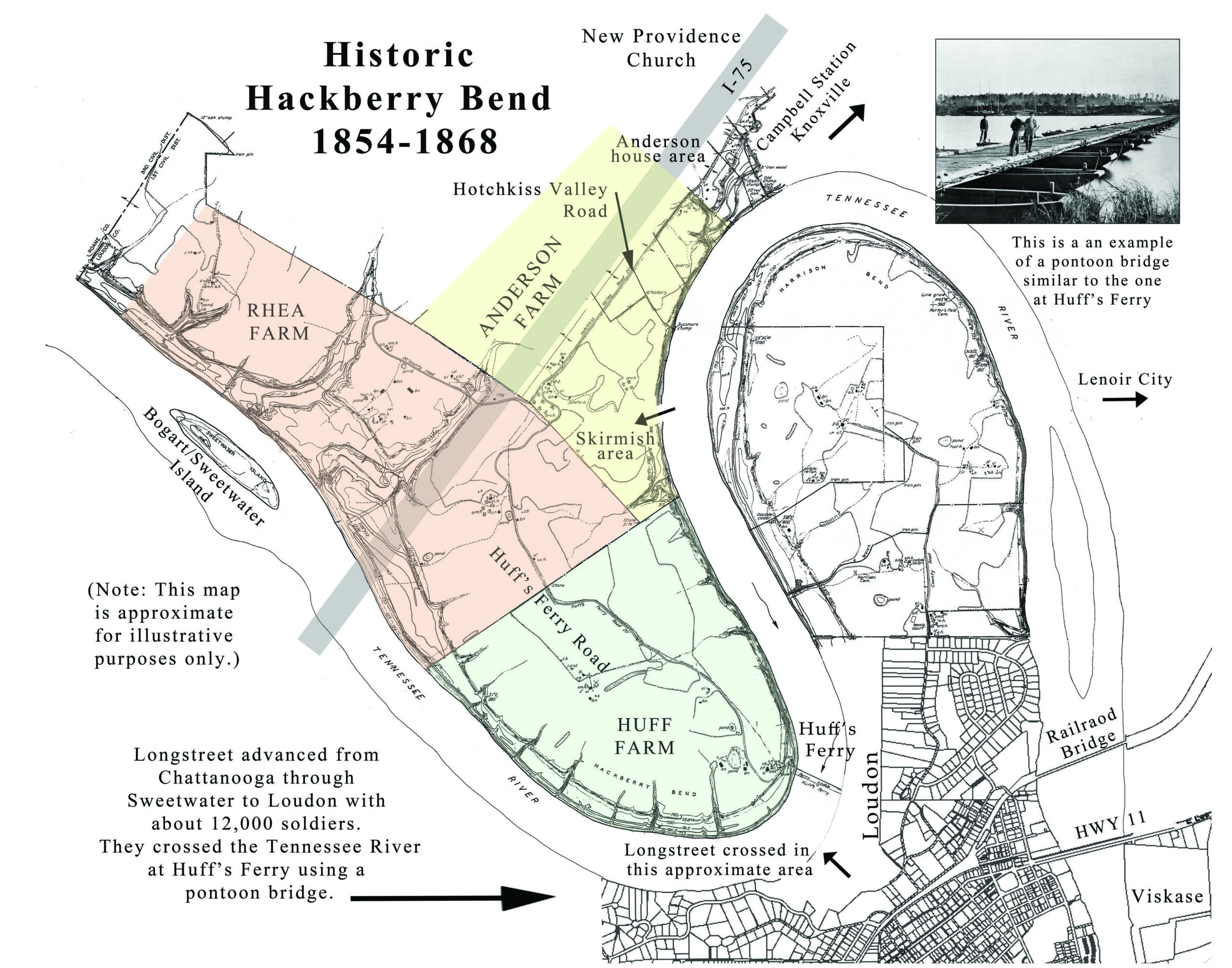 Map of Historic Hackberry Bend where General Longstreet made his crossing at Huff's Ferry in Loudon Tn